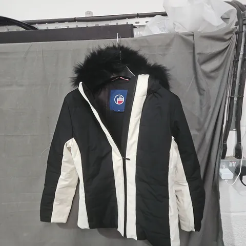 FUSALP SKI JACKET – BLACK & CREAM, FUR TRIM, UK 34 (EU 44)