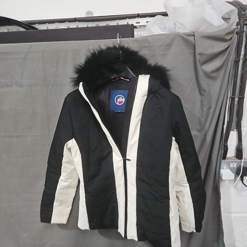 FUSALP SKI JACKET – BLACK & CREAM, FUR TRIM, UK 34 (EU 44)