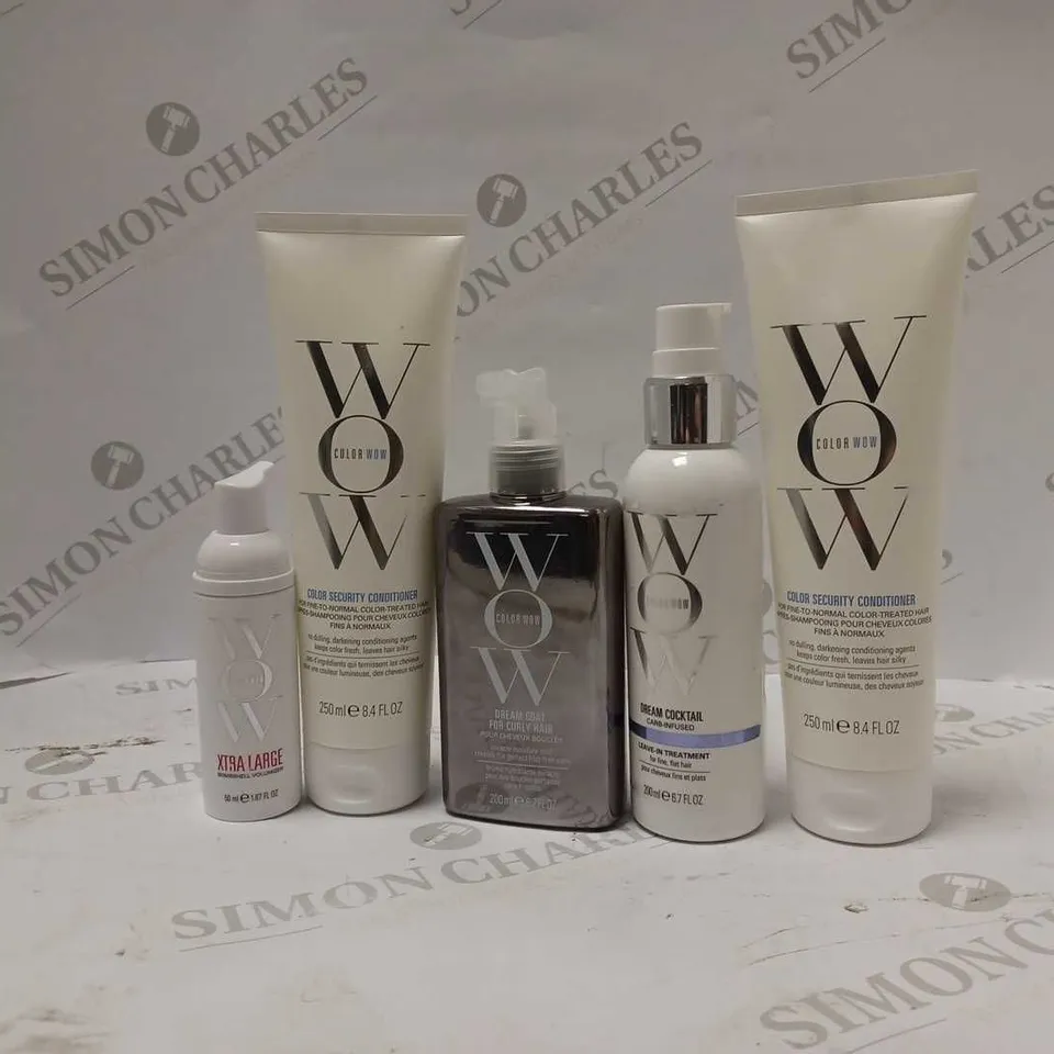 LOT OF 5 WOW PRODUCTS TO INCLUDE XTRA LARGE BOMBSHELL VOLUMIZER, COLOUR SECURITY CONDITIONER, DREAM COCKTAIL, ETC 