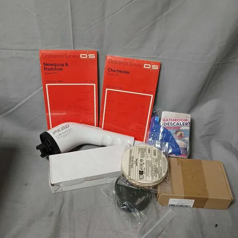 APPROXIMATELY 12 ASSORTED HOUSEHOLD ITEMS TO INCLUDE BATHROOM DESCALER, ORDNANCE SURVEY ONE INCH MAPS, ETC
