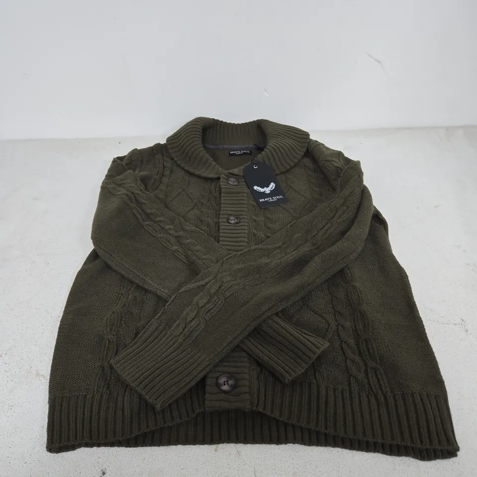 BRAVE SOUL LONDON OLIVE GREEN KNIT CARDIGAN – MEN'S, SIZE L