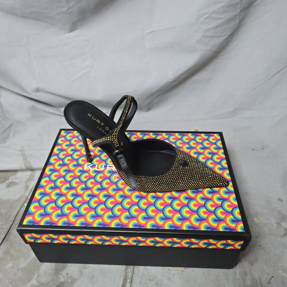 KURT GEIGER LONDON BLACK RHINESTONE POINTED-TOE STILETTO SANDAL WITH ANKLE STRAP – WOMEN'S FOOTWEAR SIZE 38