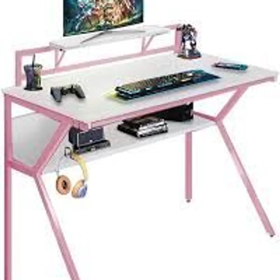 BOXED NEO ERGONOMIC 2 TIER GAMING COMPUTER OFFICE DESK - PINK (1 BOX)