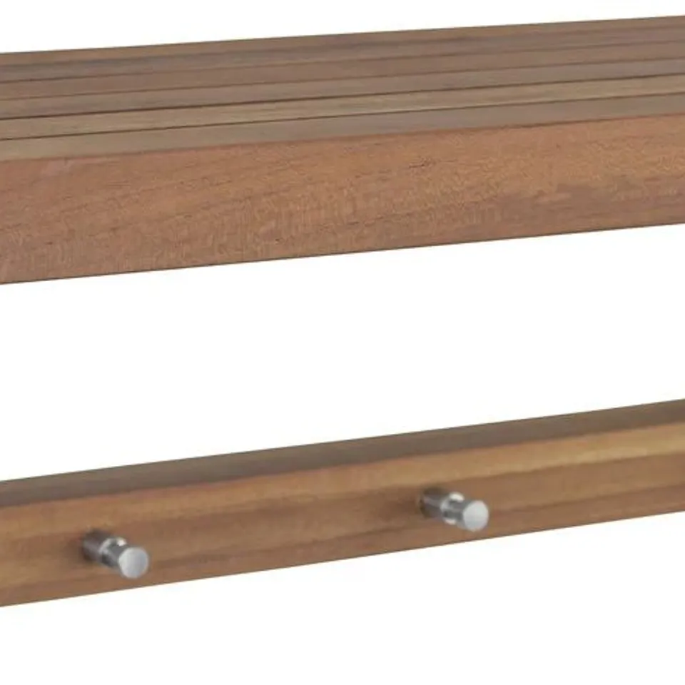 BOXED 24" MOA TEAK WALL SHELF WITH HOOKS