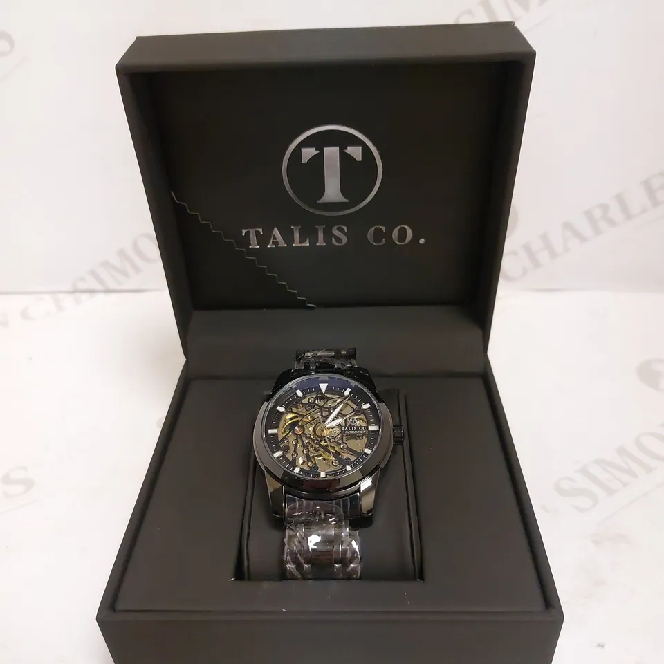 MEN’S TALIS CO 7820 AUTOMATIC WATCH – BLACK SKELETON DIAL AND CASE – STAINLESS STEEL STRAP – GLASS BACKCASE-