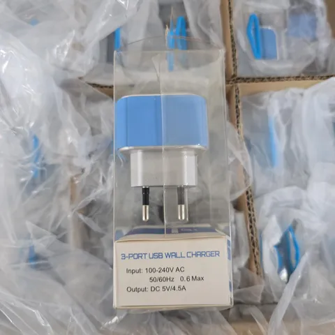 BOX OF APPROXIMATELY 75 EU PLUG 3 PORT USB WALL CHARGER 
