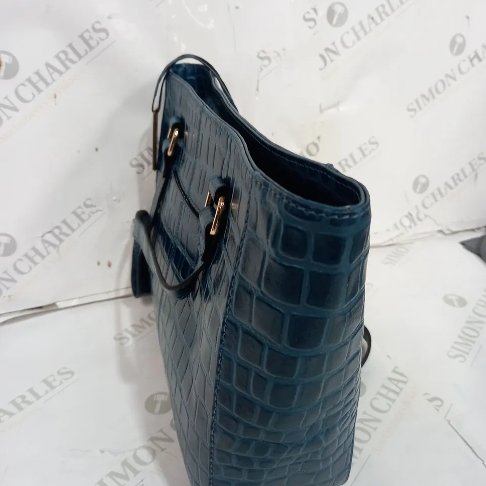 LEATHER CROCODILE PRINT TWO SECTION WITH MID PURSE BAG TEAL