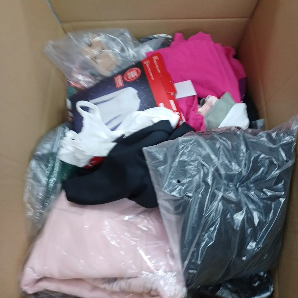 BOX OF ASSORTED CLOTHING ITEMS TOPS, LEGGINGS, BRAS ETC 