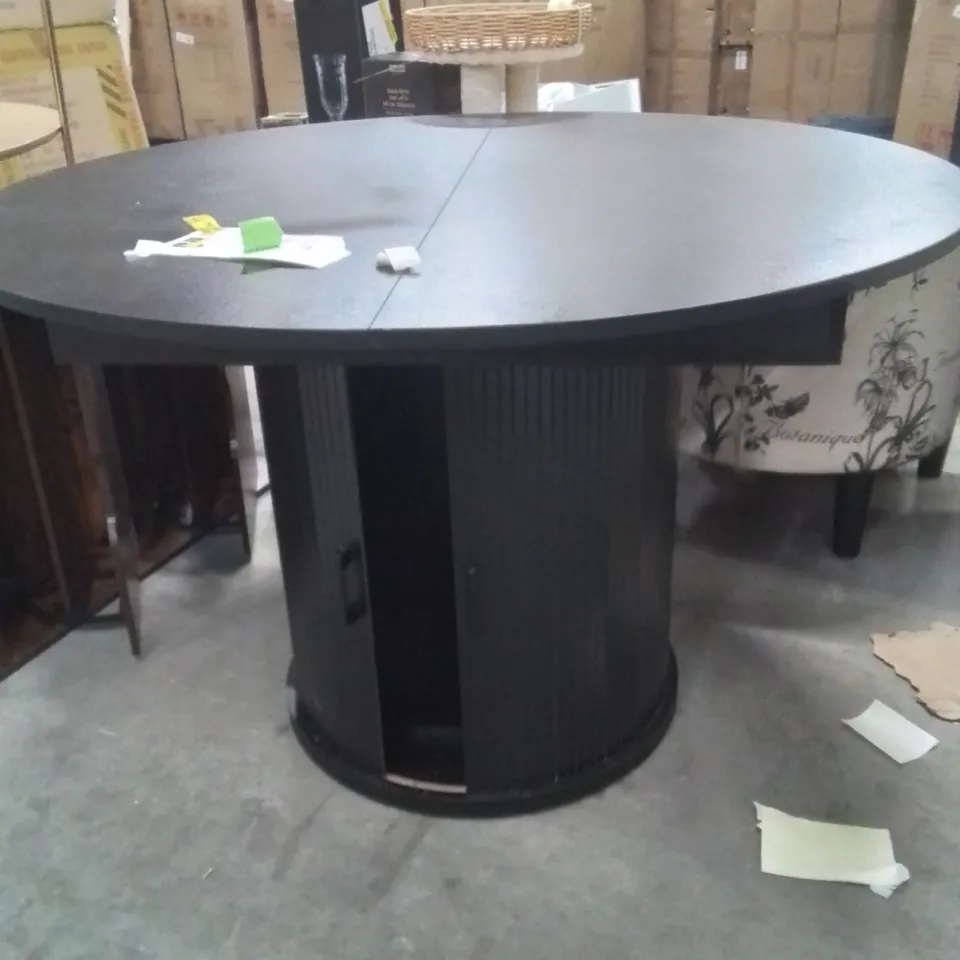EXTENDABLE ROUND DINING TABLE WITH STORAGE 118CM TO 158CM WALNUT FINISH MATT BLACK