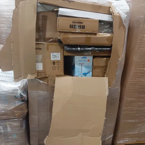 PALLET OF ASSORTED HOUSEHOLD ITEMS AND CONSUMER PRODUCTS TO INCLUDE; DUPRAY STEAM CLEANER, EXERCISE PRODUCTS, KIDS FOLDING SCOOTER, BOXED FURNITURE ETC 