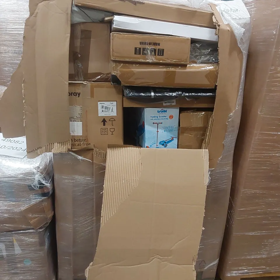 PALLET OF ASSORTED HOUSEHOLD ITEMS AND CONSUMER PRODUCTS TO INCLUDE; DUPRAY STEAM CLEANER, EXERCISE PRODUCTS, KIDS FOLDING SCOOTER, BOXED FURNITURE ETC 