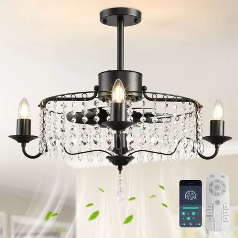 BOXED 50CM BLACK CRYSTAL CHANDELIER CEILING FAN WITH LIGHT KIT AND REMOTE