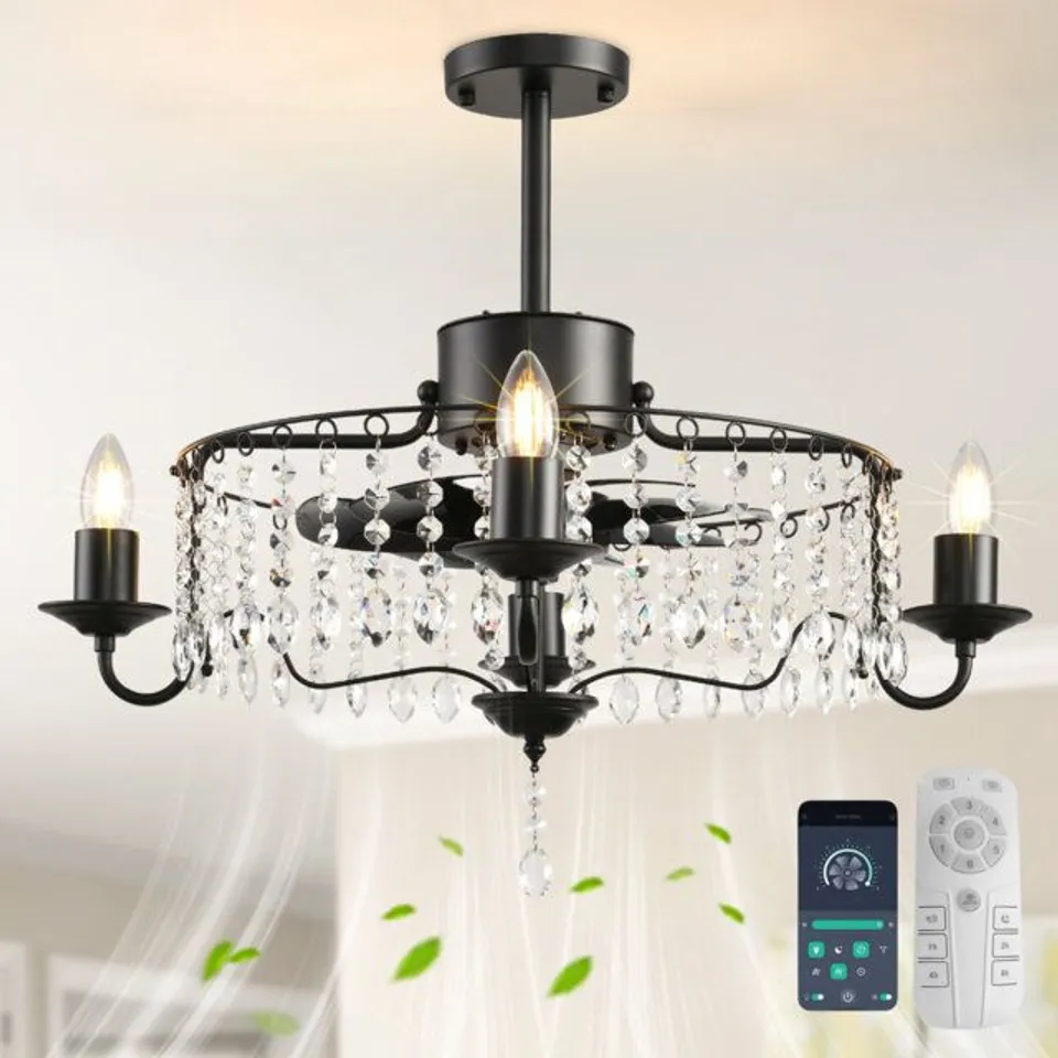 BOXED 50CM BLACK CRYSTAL CHANDELIER CEILING FAN WITH LIGHT KIT AND REMOTE