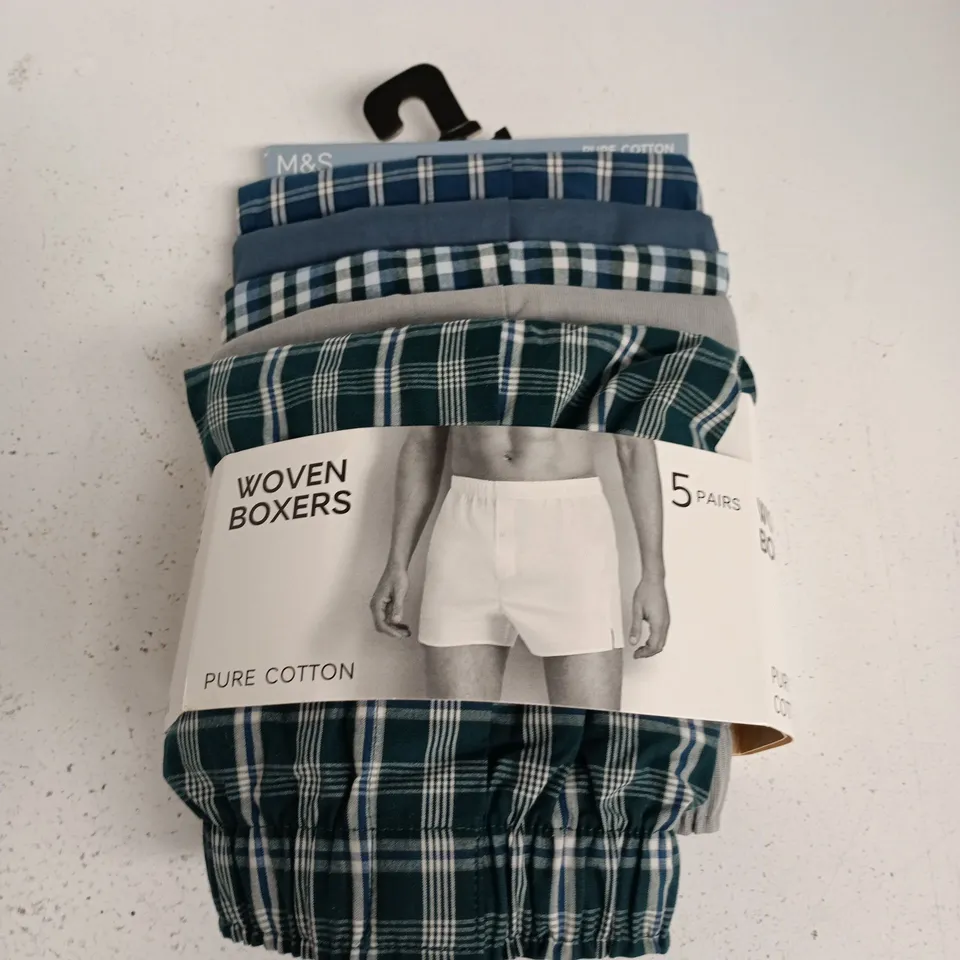 M&S PURE COTTON WOVEN BOXERS, 5 PAIRS, MEN'S, XL WAIST 39-41IN (99-104CM)