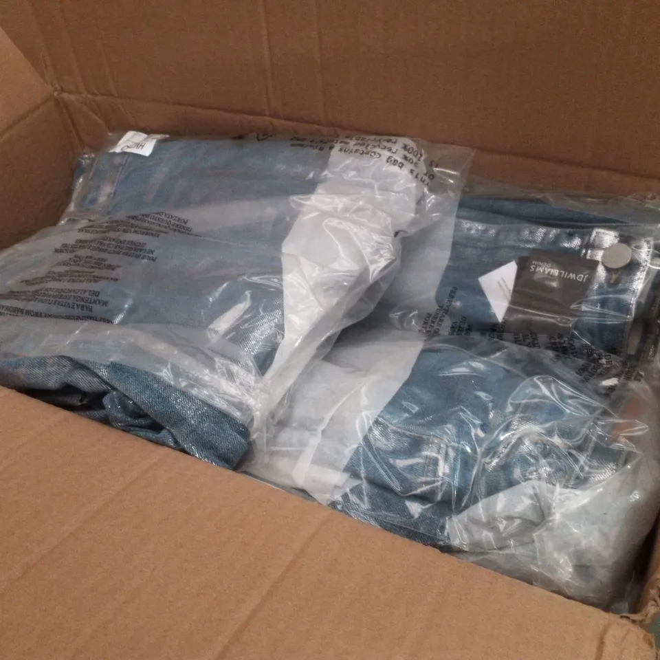 BOX CONTAINING APPROXIMATELY 15 BRAND NEW J D WILLIAMS DENIM BLUE/SILVER METALLIC SKIRTS - SIZE 20