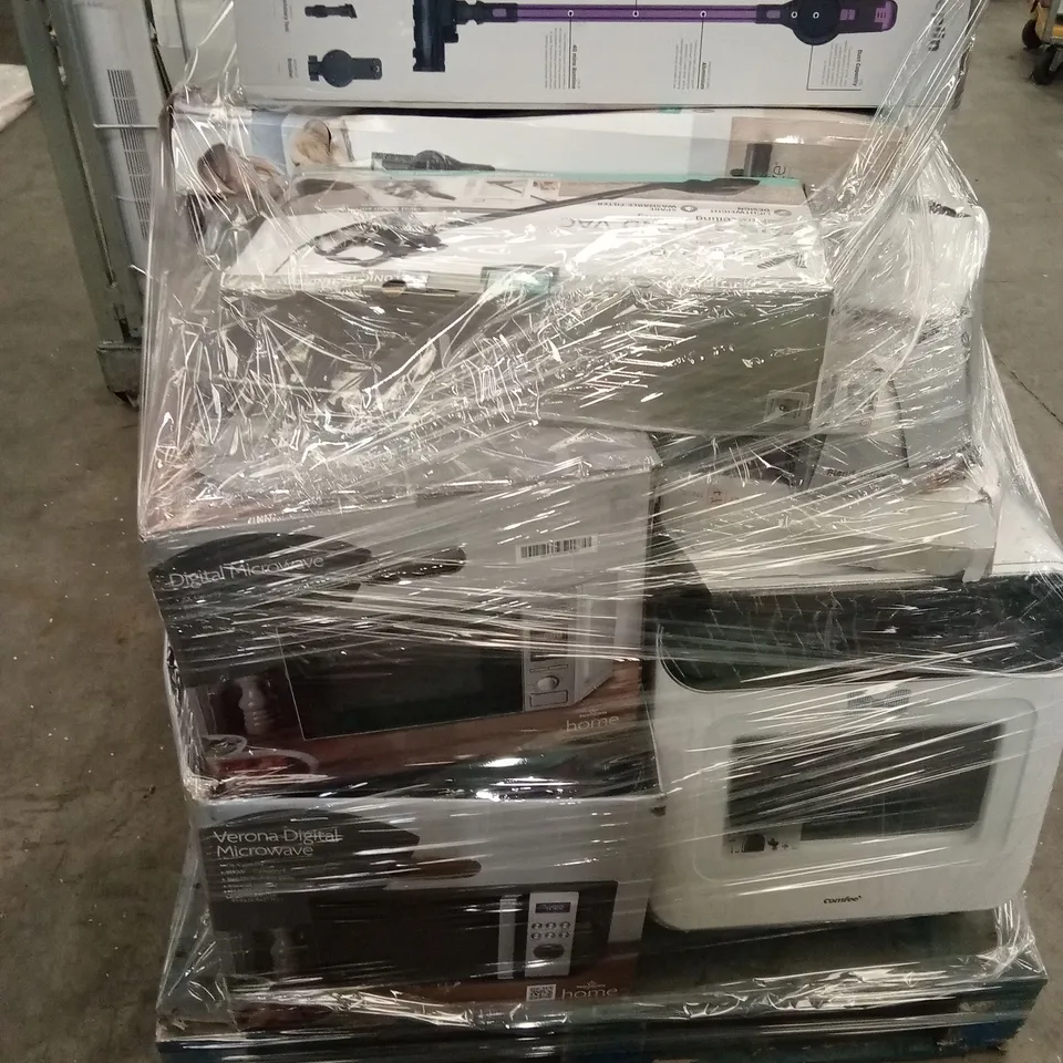 PALLET OF ASSORTED ELECTRIC KITCHEN APPLIANCES AND HOUSEHOLD ELECTRIC GOODS TO INCLUDE; MICROWAVES, GRINDER, KETTLE, TOASTER, FANS, VACUUM CLEANERS, FOOD PROCESSOR ETC