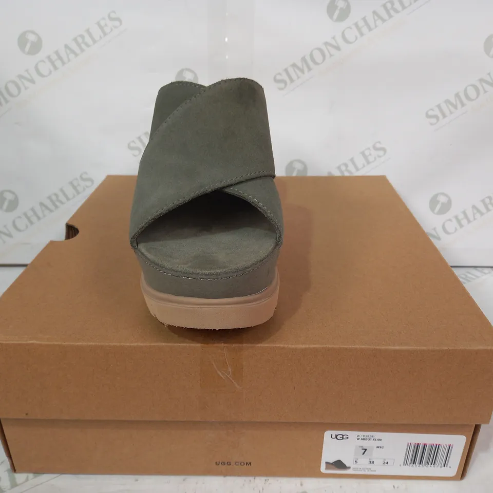 BOXED PAIR OF UGG OPEN TOE WEDGE HEELED SANDALS IN GREEN UK SIZE 5