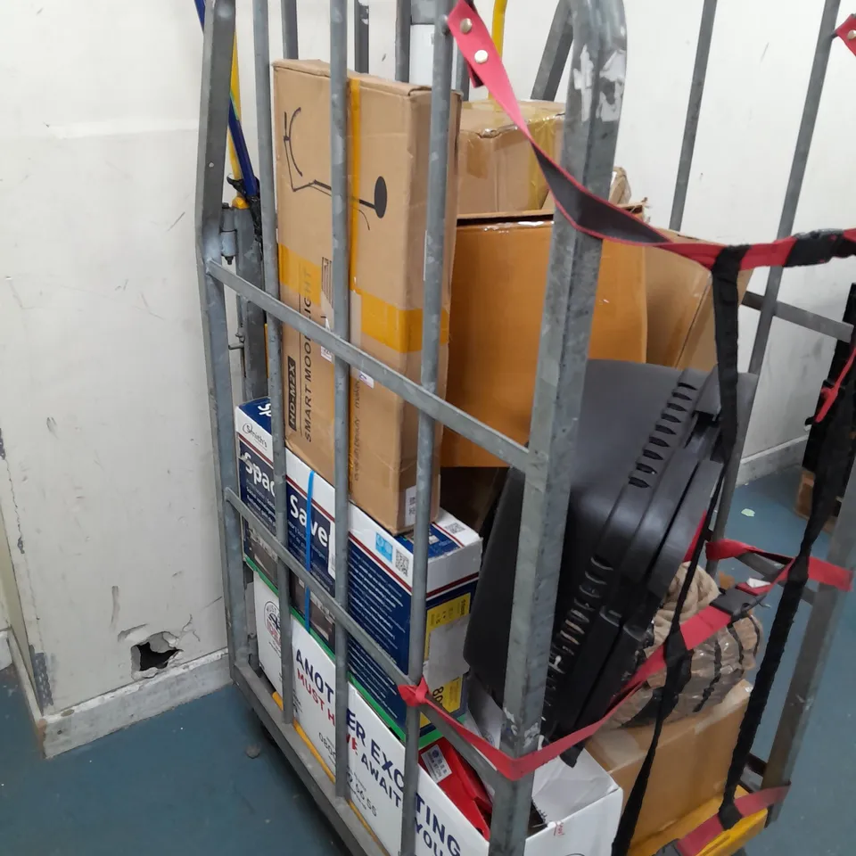 CAGE OF ASSORTED HOUSEHOLD ITEMS TO INCLUDE PET CARRIER, MONITOR STAND, CHILDRENS CAR SEAT, DRYING RACK, AND SMART MOONLIGHT ETC. 