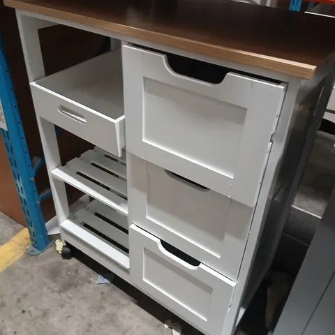 MOBILE GREY METAL STORAGE CABINET WITH THREE DRAWERS AND WOODEN TOP ON CASTERS