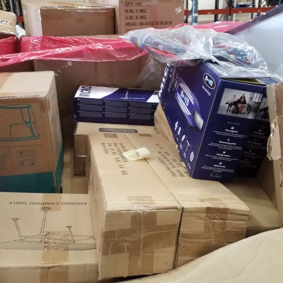 PALLET CONTAINING ASSORTED PRODUCTS INCLUDING MICRO SPRITE LED SCOOTER, LACAL FOLDING CAMPING TABLE, AIR FRYERS & KIDS BACKPACKS