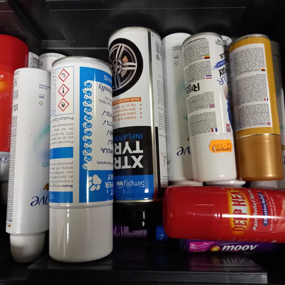 BOX OF APPROXIMATELY 20 ASSORTED AEROSOLS TO INCLUDE PET CLIPPER SPRAY, DOVE FRESH, DEEP HEAT - COLLECTION ONLY