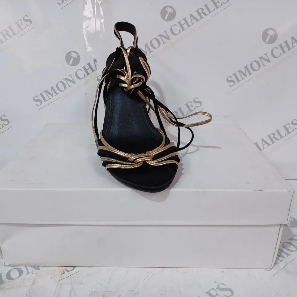 BOXED PAIR OF REISS CASSIDY STRAPPY HEELS IN BLACK/GOLD UK SIZE 4