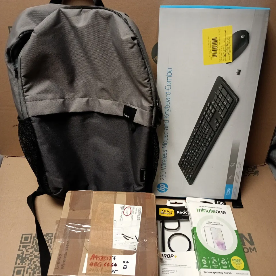 APPROXIMATELY 12 ASSORTED ITEMS TO INCLUDE MINUTE ONE PHONE CASES, HP 230 WIRELESS KEYBOARD COMBO, TARGUS LAPTOP BAG, ETC