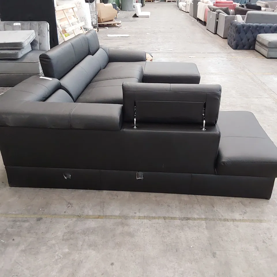 QUALITY DESIGNER ITALIANATE STYLE U SHAPED DOUBLE CHAISE SOFA BLACK LEATHER