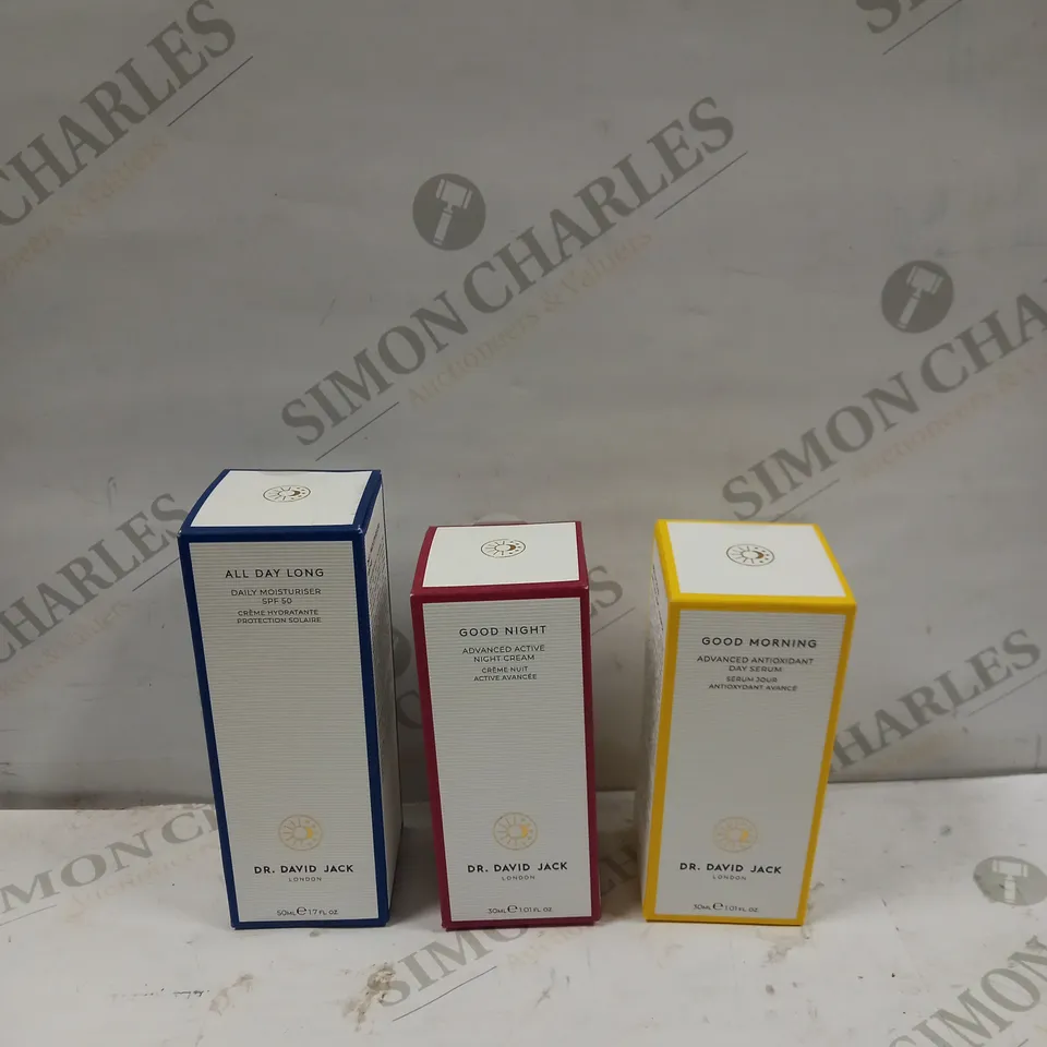 LOT TO CONTAIN AN ASSORTMENT OF 3 DR. DAVID JACK SKINCARE PRODUCTS, INCLUDES SERUM, CREAM AND MOISTURISER 