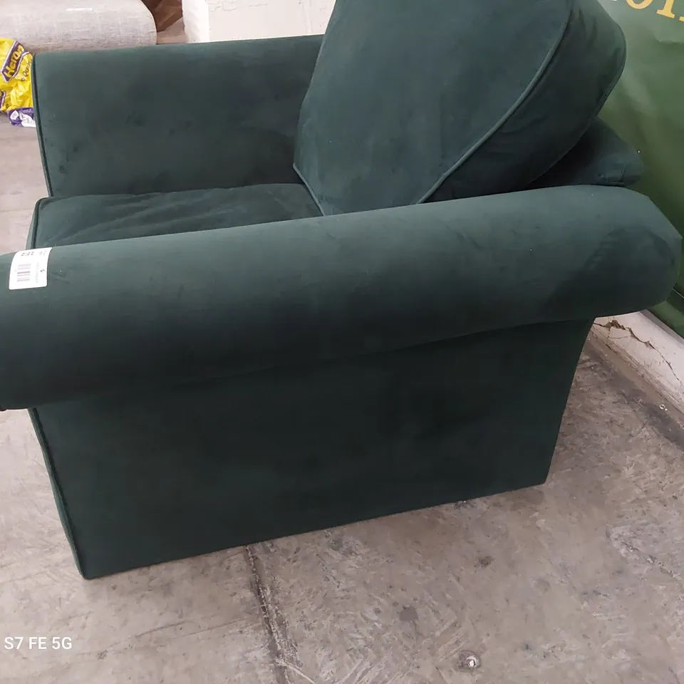 DESIGNER SCROLL ARM EASY CHAIR PLUSH GREEN FABRIC 
