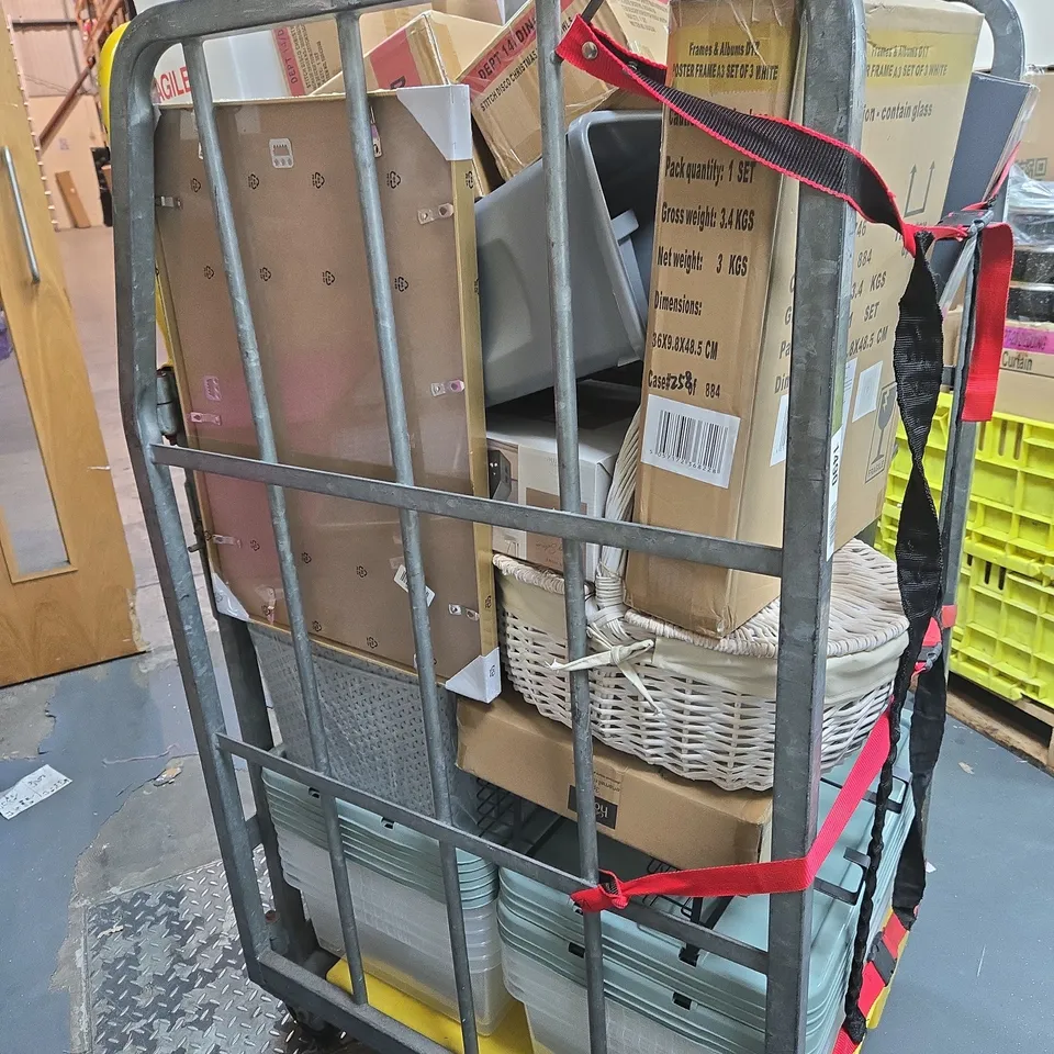 CAGE OF ASSORTED PRODUCTS TOO INCLUDE STORAGE SHELVES , KITCHEN BINS , CHRISTMAS BOWLS , ETC  