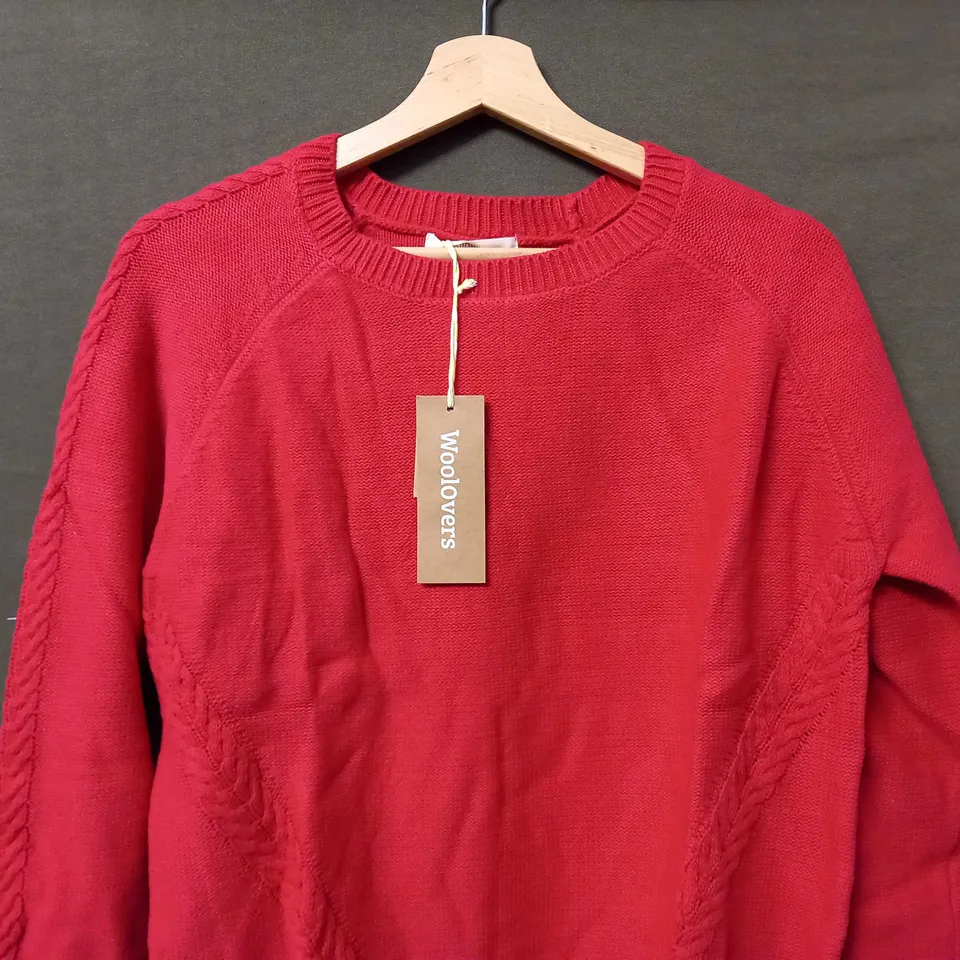WOOLOVERS CABLE TEXTURED COTTON CREW NECK JUMPER IN POPPY RED - MEDIUM