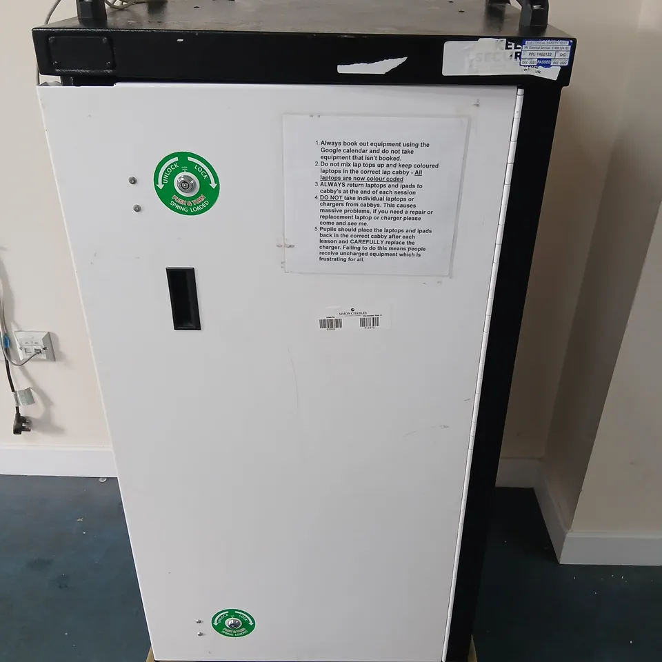 TALL OFFICE EQUIPMENT CHARGING CABINET WITH MULTIPLE INTERNAL SHELVES ON CASTERS (BLACK/WHITE)