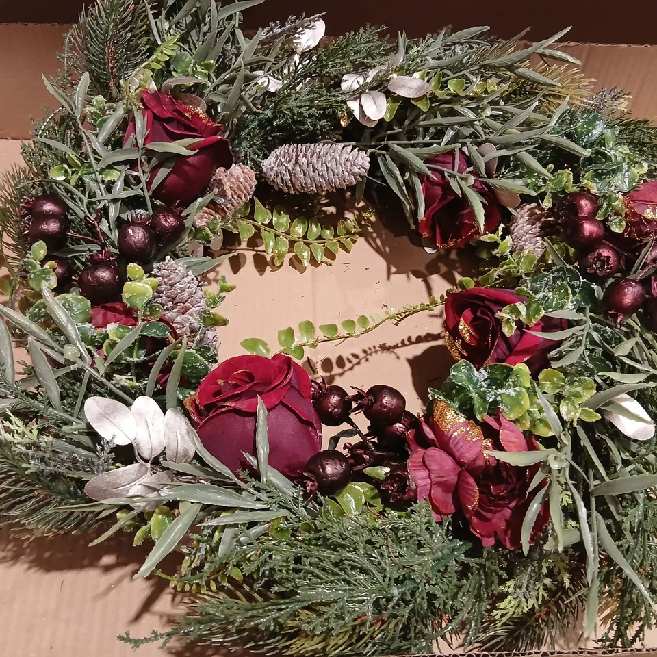 TWO GISELA GRAHAM ROSE AND PINECONE CHRISTMAS WREATHS