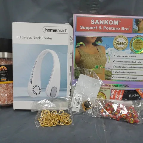 BOX OF APPROXIMATELY 100 ASSORTED HOUSEHOLD AND FASHION ITEMS TO INCLUDE SUPPORT & POSTURE BRA, BLADELESS NECK COOLER, PINK SALT, VARIOUS JEWELLERY, ETC