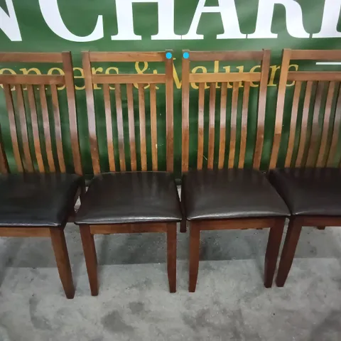 SET OF 4 WOODEN DINING CHAIRS WITH BLACK FAUX LEATHER SEAT PADS