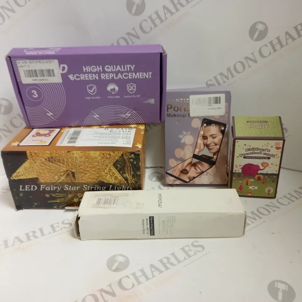 BOX TO CONTAIN APPROX. 5 X ASSORTED PRODUCTS. INCLUDES FAIRY STAR STRING LIGHTS, MAKE-UP POCKET MIRROR, PRESCHOOL CARDS ETC 