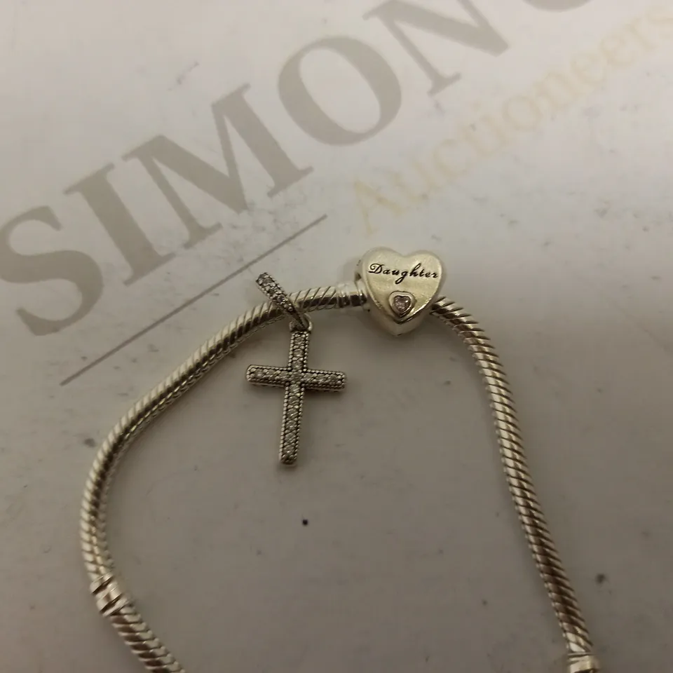 PANDORA SILVER CHARM BRACLET WITH DAUGHTER AND CROSS CHARM