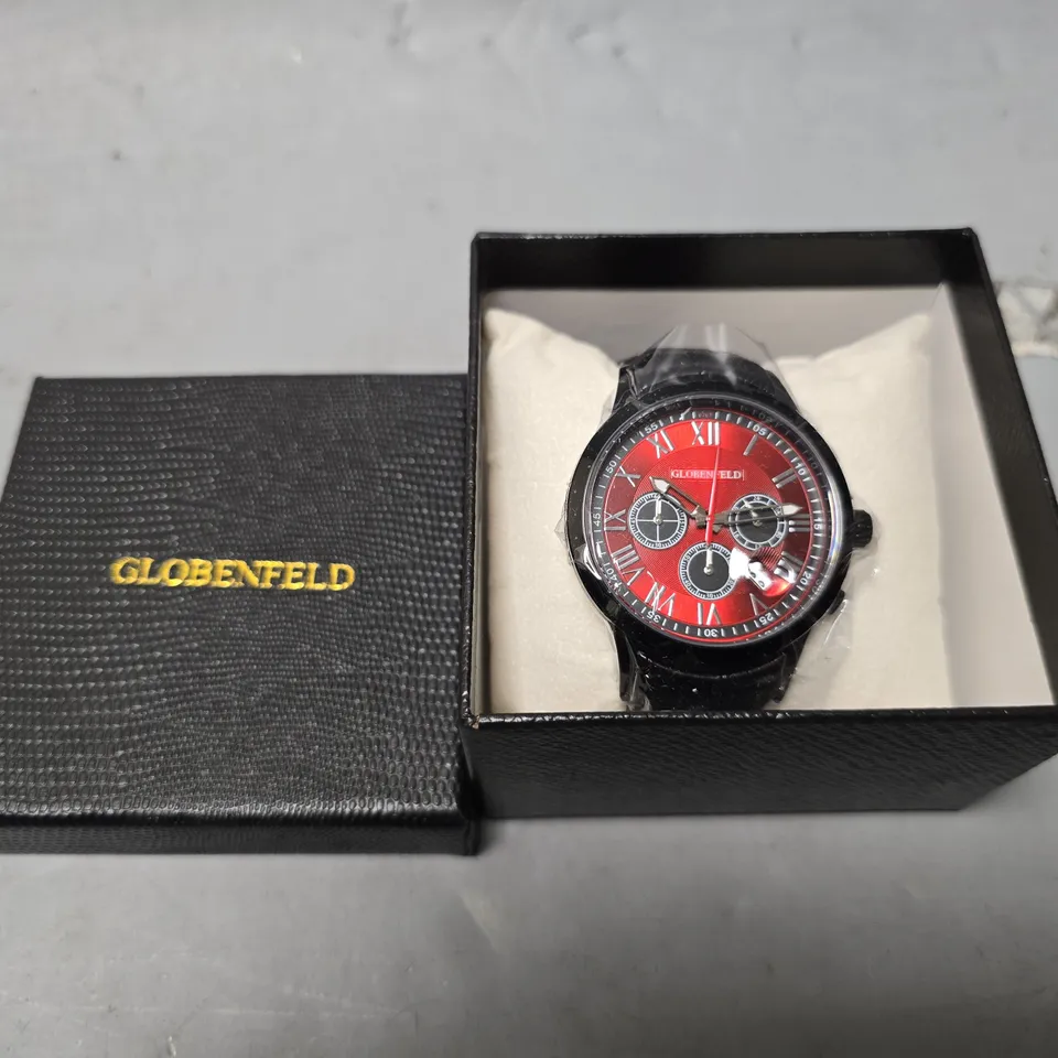 BOXED GLOBENFELD ROMAN CHRONOGRAPH WATCH WITH RED DIAL 