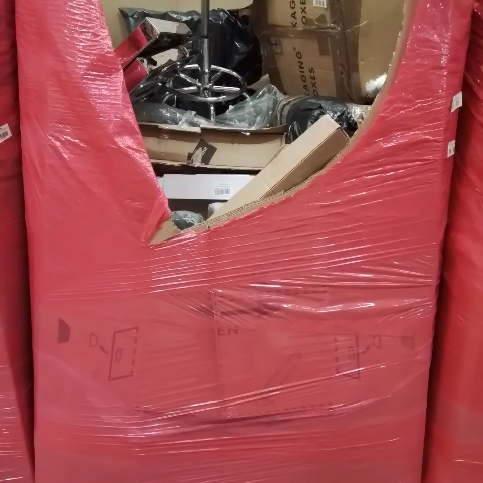 PALLET CONTAINING VARIOUS ASSORTED BOXED HOUSEHOLD ITEMS TO INCLUDE: PET CARRIER, SWIVEL STOOL, SHOWER SYSTEM, LARGE THROWS AND LOTS MORE UNMARKED BOXED ITEMS 
