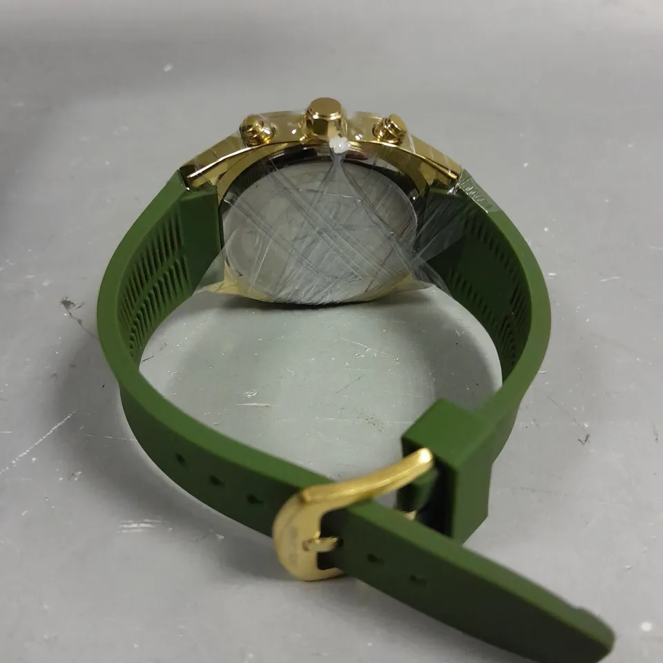 MENS LOUIS LACOMBE CHRONGRAPH WATCH – 3 SUB DIALS – GOLD COLOUR CASE – GREEN RUBBER STRAP