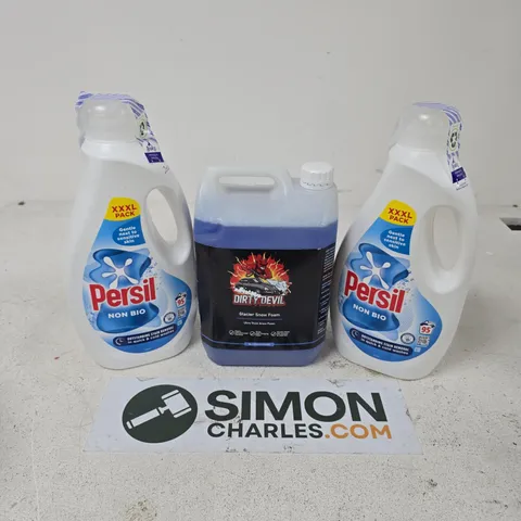 APPROXIMATELY 3 ASSORTED LARGE LIQUIDS TO INCLUDE PERSIL NON BIO, DIRTY DEVIL GLACIER SNOW FOAM - COLLECTION ONLY