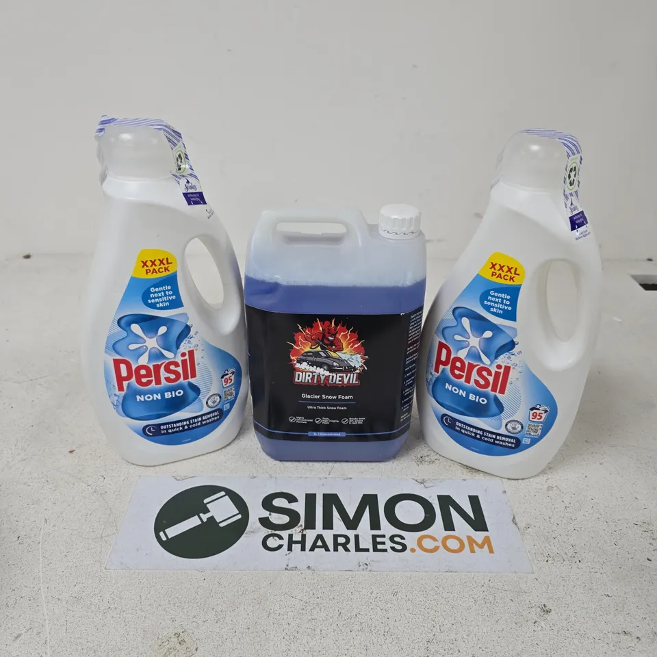 APPROXIMATELY 3 ASSORTED LARGE LIQUIDS TO INCLUDE PERSIL NON BIO, DIRTY DEVIL GLACIER SNOW FOAM - COLLECTION ONLY