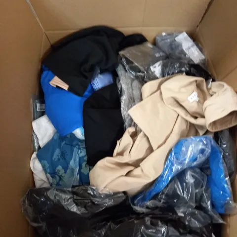 BOX OF ASSORTED CLOTHING ITEMS TOO INCLUDE DRESSES , SHIRTS AND TROUSERS IN VARIOUS SIZES AND COLOURS