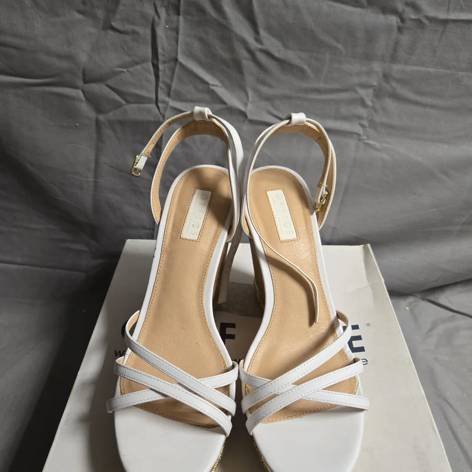 BOXED PAIR OF OFFICE HONCHO STRAPPY CORK WEDGE SHOES - UK SIZE 5