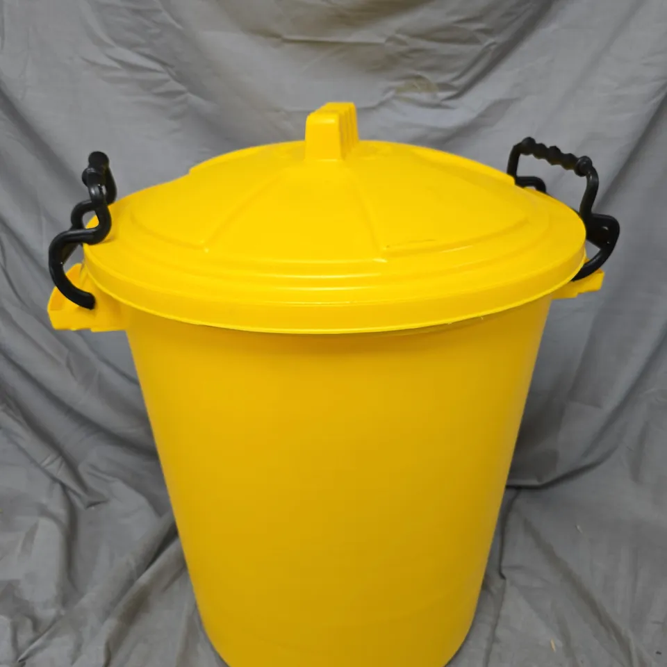 YELLOW PLASTIC STORAGE BIN WITH LID – TWO SIDE HANDLES