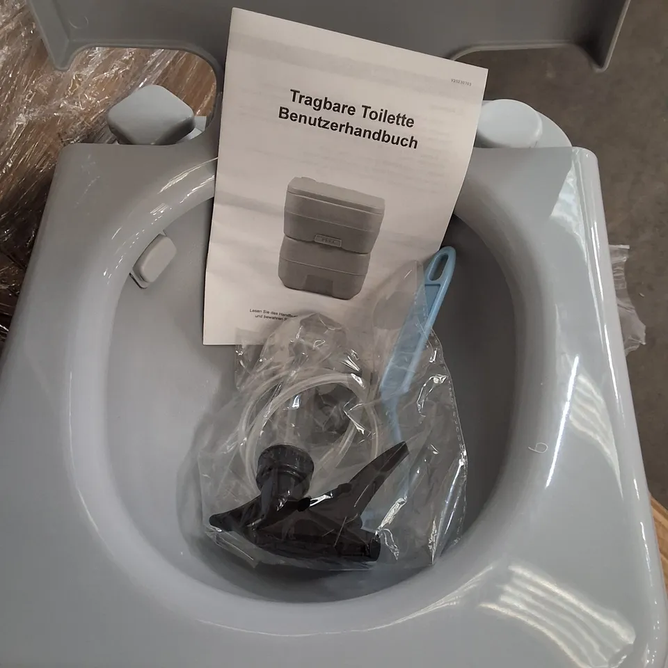 PALLET OF ASSORTED ITEMS TO INCLUDE PORTABLE TOILET AND FAUX LEATHER STOOLS