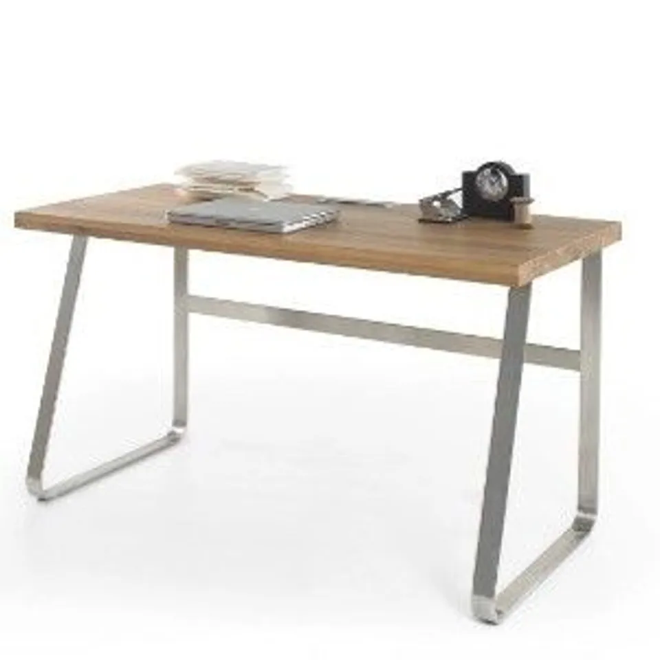 BOXED BENO OFFICE TABLE - KNOTTY OAK / BRUSHED NICKEL (1 BOX)