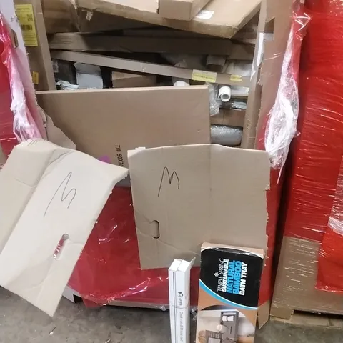 PALLET OF ASSORTED HOUSEHOLD GOODS AND PRODUCTS TO INCLUDE; BAMBOO BATH TRAY, DESK MAT AND MOUSE PAD, BOXED FURNITURE ETC
