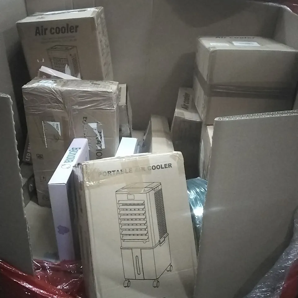 PALLET OF ASSORTED HOUSEHOLD GOODS AND PRODUCTS TO INCLUDE; AIR COOLER, PILATES TRAINING KIT, BOXED FURNITURE ETC